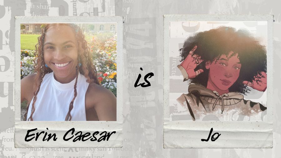 a photo of Erin Caesar smiling next to the art for Jo. art by Noah Dao