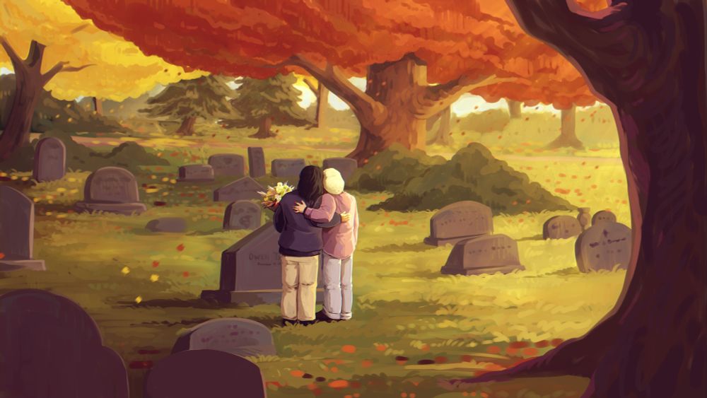 an illustration of Joan Bright and Sam Barnes, standing in a cemetery, their backs to us, as they look at a headstone. Joan holds flowers and we can just barely see the name "Owen" on the stone. It's a beautiful fall day. Art by Marcus Emdanat