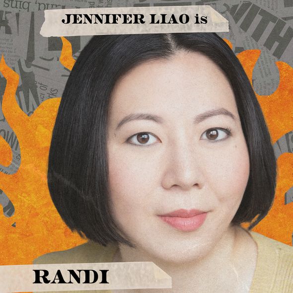A picture of Jennifer Liao over the fiery background of the Two Thousand and Late show art. 