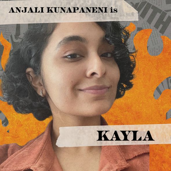 A picture of Anjali Kunapaneni over the fiery background of the Two Thousand and Late show art. 