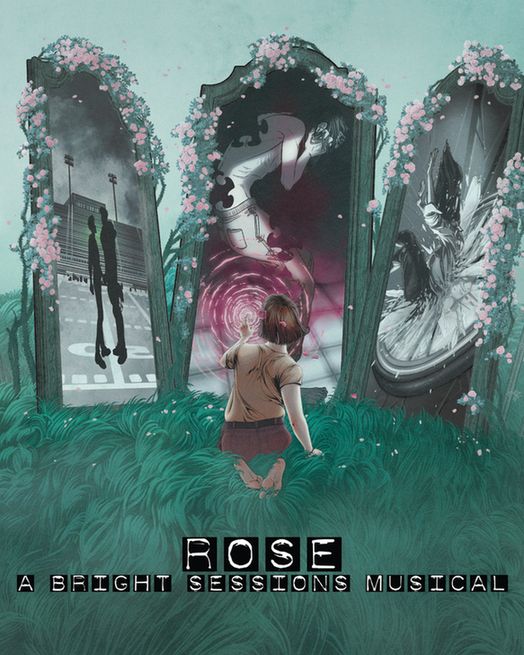 The cover for the vinyl of The Bright Sessions musical episode "Rose". Three mirrors stand in a green field - the mirror on the left have silhouettes of Caleb and Adam on a football field. The center mirror has Mark breaking into puzzle pieces. The mirror on the right has Sam falling backwards into a clock, smashing it. In front of the mirrors, Rose kneels. We see the back of her head as she touches the center mirror, sending pink ripples out. At the bottom there is text that reads "Rose a Bright Sessions musical" 