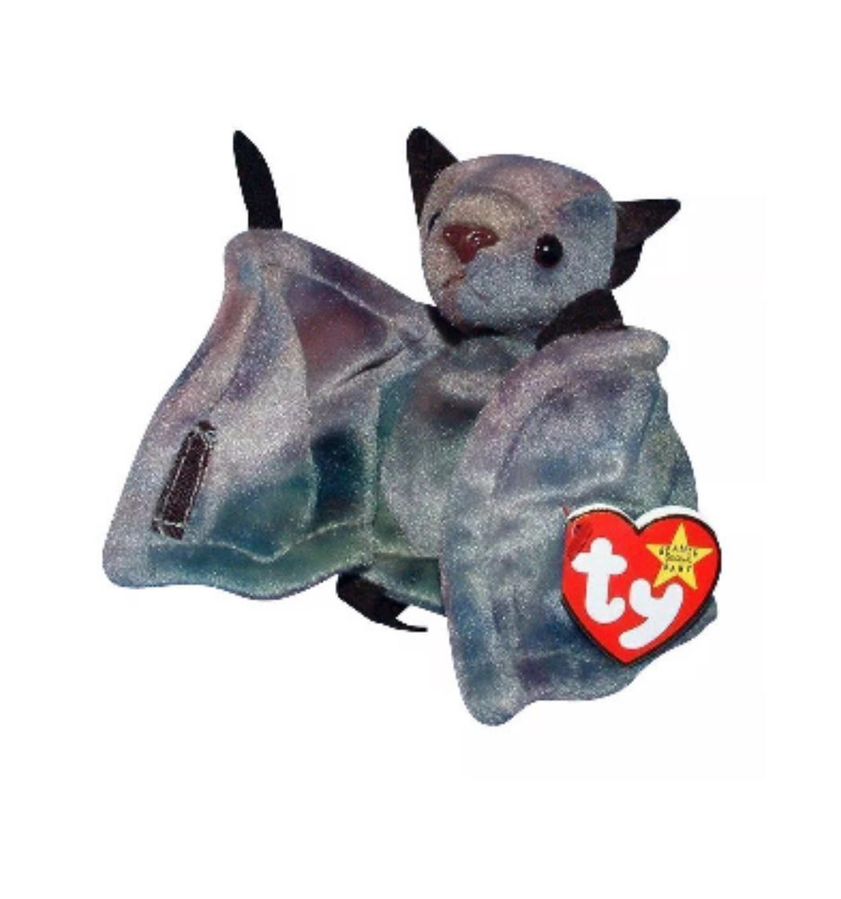 Photo of a tie dye bat beanie baby named Batty. 