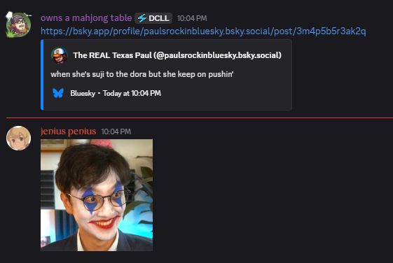 the previous post, posted by me in a discord chat, replied to by jamie paige with a picture of a man wearing clown makeup