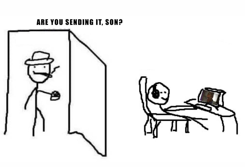 the "are you winning son" meme with the text "are you sending it, son?" instead. the son is watching money plane