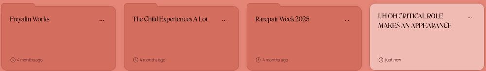 A screenshot of my ellipsus dashboard. It shows three folders labeled Freyalin works, The child experiences a lot, and rarepair week 2025. Next to those three folders is a new tab titled "Uh oh critical role makes an appearance."

End ID.