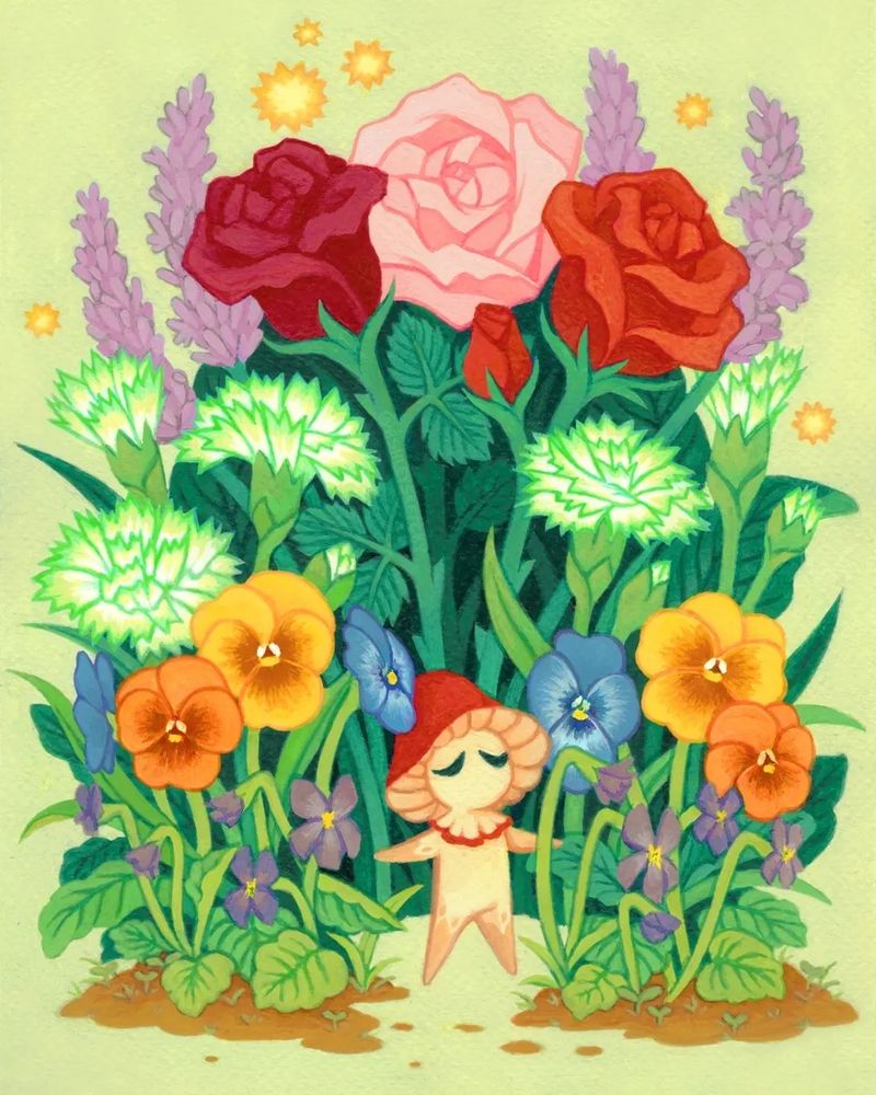 A mushling looks to be peacefully standing in the middle of a garden of flowers, all of which are historic symbols of the LGBTQ community. There are violets, pansies, green carnations, lavender, and roses. This is our community, this is our garden.