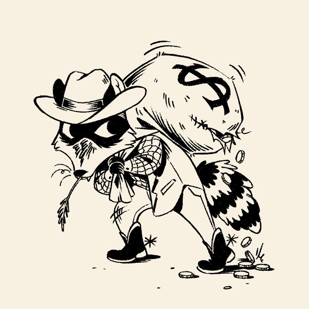 a digital illustration of a cowboy raccoon trying to sneak away with a bag of money. there's a hole in the burlap sack, causing coins to spill out onto the ground.