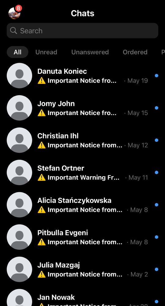 And endless slew of Facebook messenger scams all of which use the exact same "⚠️ Important Notice from Facebook" template and all of which go directly into the inbox of my verified Facebook page that I never use 