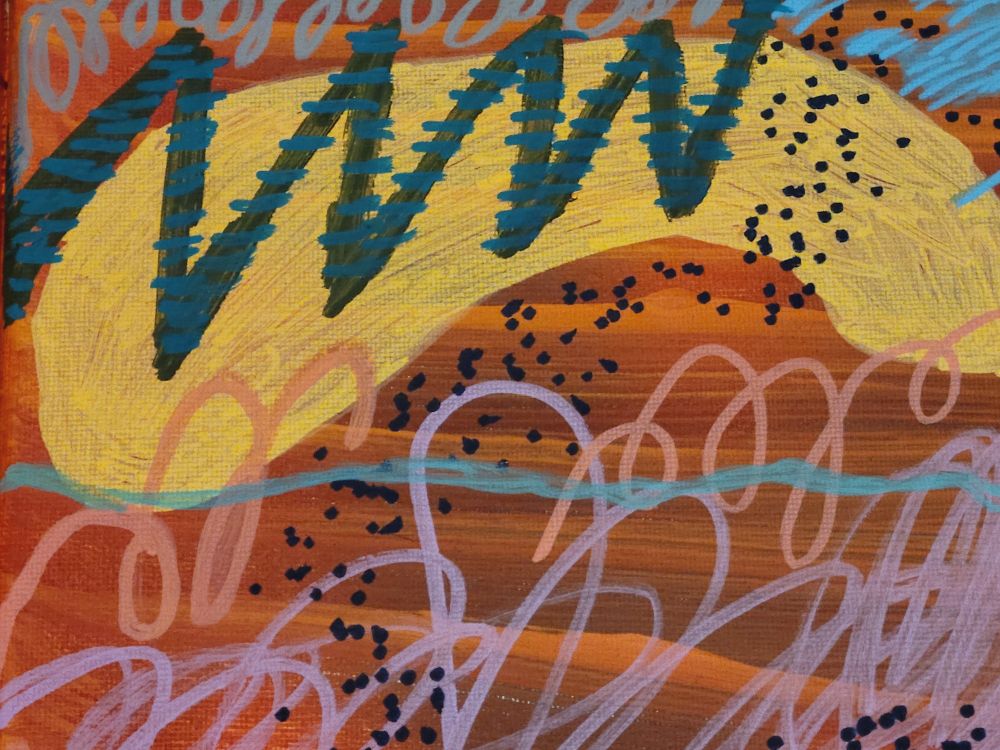 Different colored squiggly lines amd dots painted on a canvas.