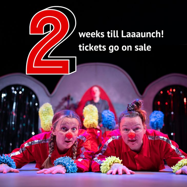 A photo of the Laaaunch! set with Dot and Dash; the 2 characters from Laaaunch! On the top of the image it says 2 weeks till Laaaunch! tickets go on sale