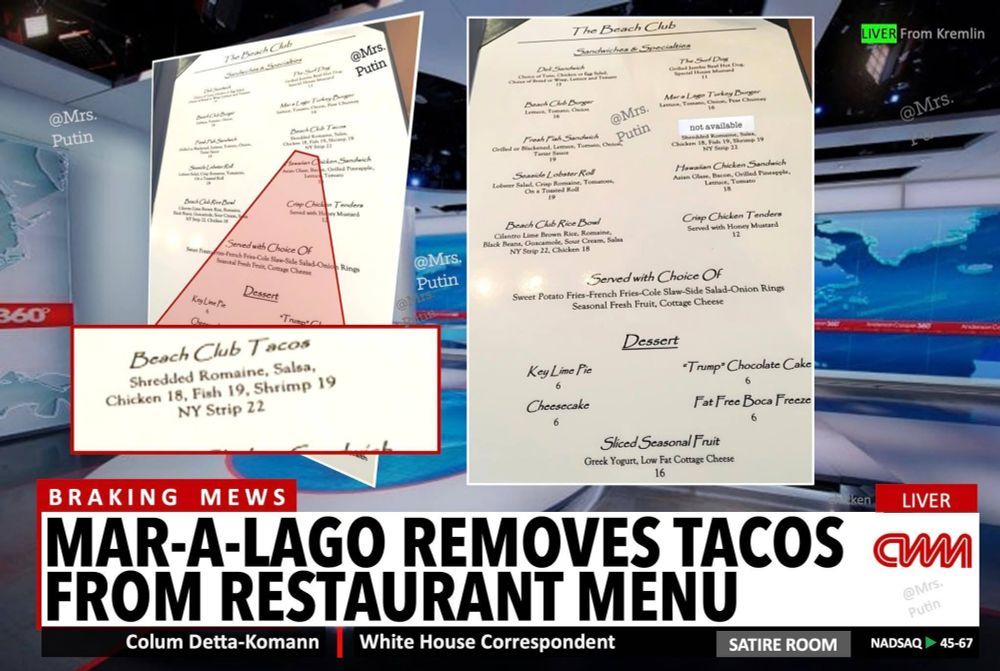 News ciron reads 'Mar-a-Lago removes tacos from restaurant menu