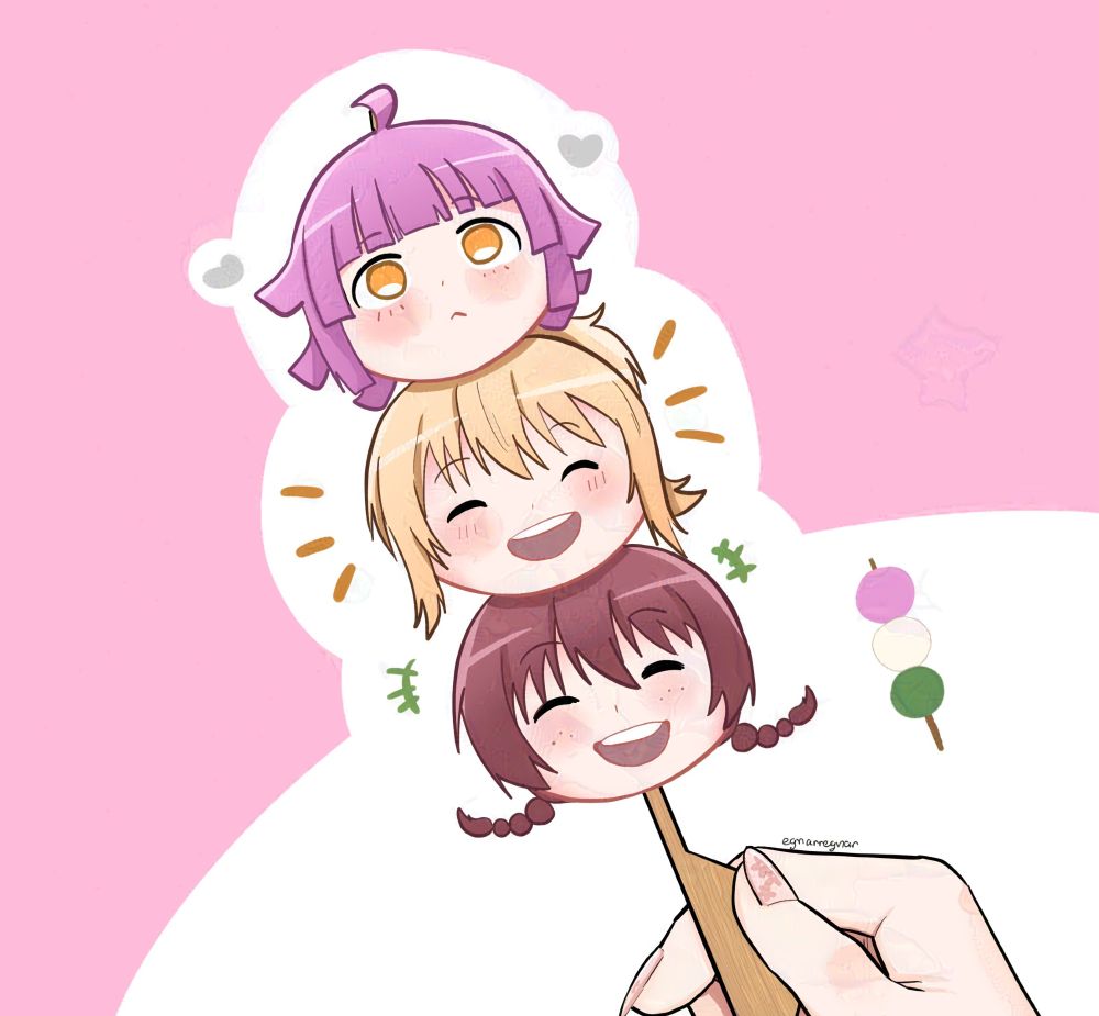 Fanart for tomorrow's livestream! It is Rina, Ai, and Emma as dango!