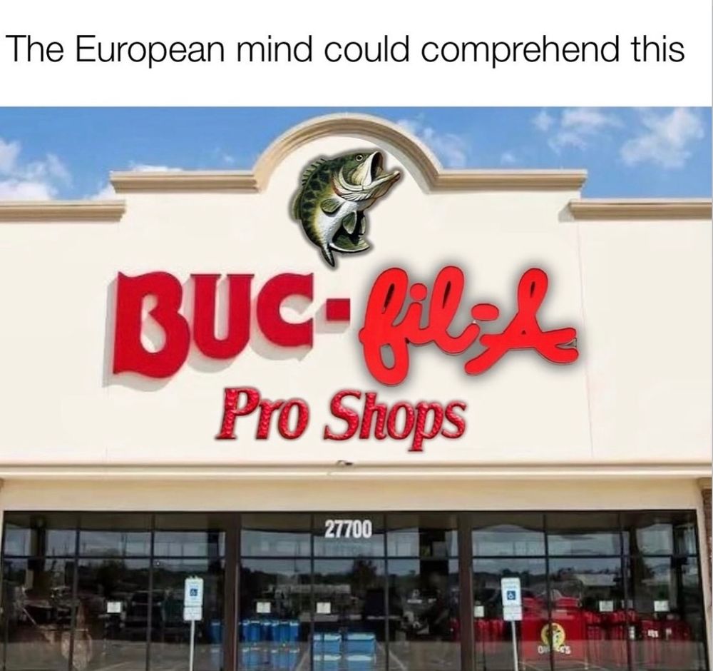 Edited photo of a store labeled “Buc-fil-A Pro Shops,” combining logos of Buc-ee’s, Chick-fil-A, and Bass Pro Shops, humorously symbolizing the most chaotic possible American business crossover.
