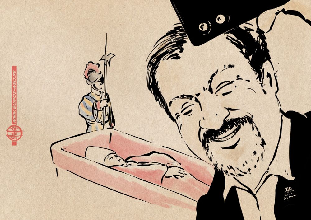 Illustration eines lachend in die Selfiekamera blickenden Söder vor dem aufgebahrten Papst Franziskus.