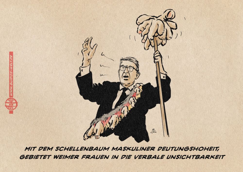 Illustration von Kulturstaatsminister Weimer mit einer in Nationalfarben gehaltenen Fellschärpe auf der Penisse hängen und einem Stab in der Hand an dessen Kopfende lauter Penisse befestigt sind mit erhobenen Händen in Art eines archaischen Priesters gestikulierend. Textzeile: Mit dem Schellenbaum Maskuliner Deutungshoheit gebietet Weimer Frauen in die verbale Unsichtbarkeit