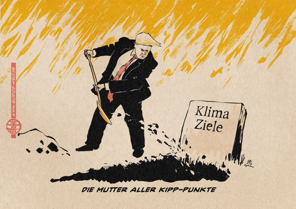 Illustration eines Trump der ein Grab vor brennendem Horizont zuschüttet. auf dem Grab steht Klimaziele. Textzeile: Die Mutter aller Kipp-Punkte.