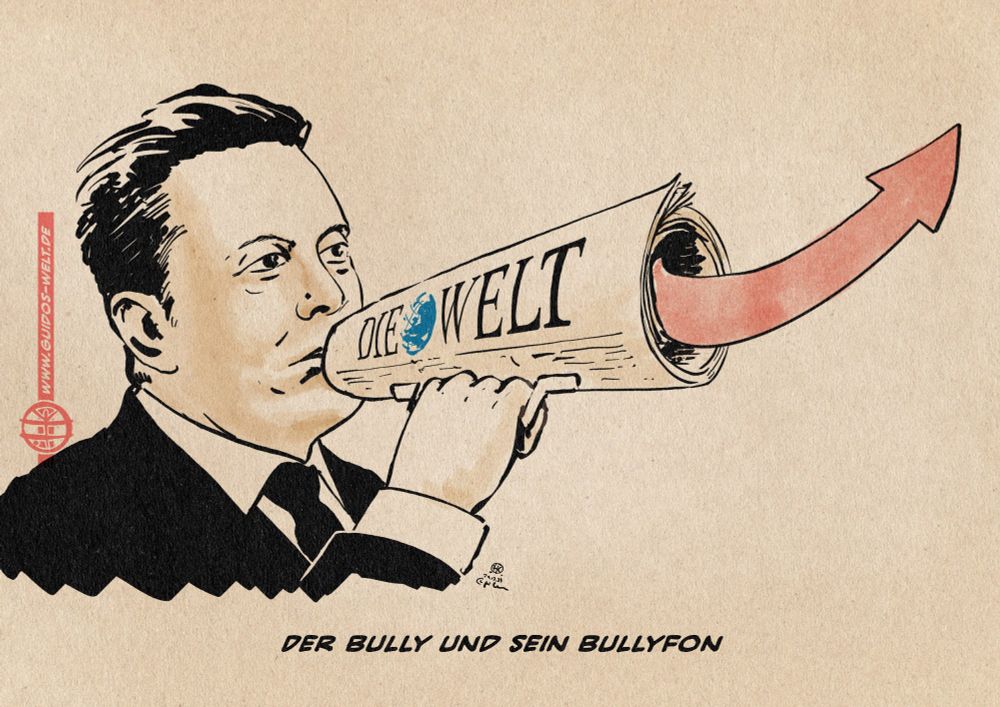 Illustration von Elon Musk, der die Zeitung DIE WELT als Sprachrohr benutzt, um ein AFD Logo zu rufen. Textzeile: Der Bully und sein Bullyfon