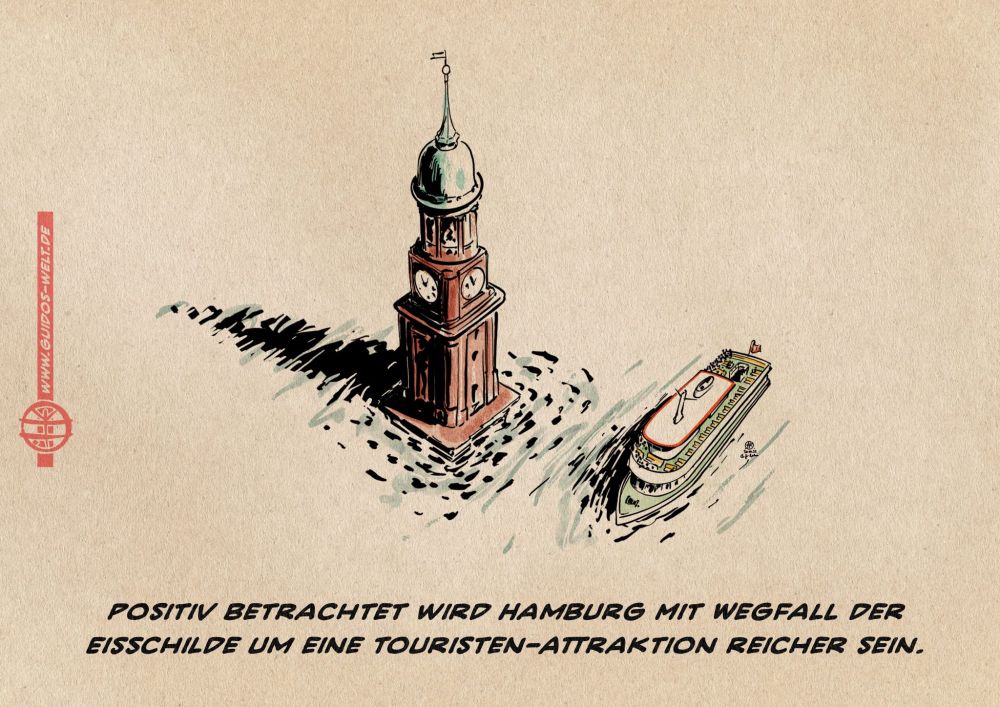 Illustration eines Touristenschiffs neben der aus dem Wasser ragenden Spitze von St. Michaelis, einer der fünf Hauptkirchen Hamburgs. 

Textzeile: Positiv betrachtet wird Hamburg mit Wegfall der Eisschilde um eine Touristen-Attraktion reicher sein. 

Illustration von 2013