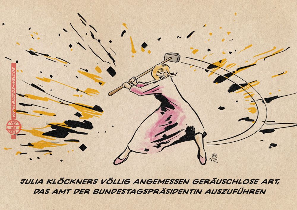 Illustration von Julia Klöckner, die energiegeladend einen Vorschlaghammer schwingend im Zentrum steht. 
Textzeile: Julia Klöckners völlig angemessen geräuschlose Art, das Amt der Bundestagspräsidentin auszuführen.