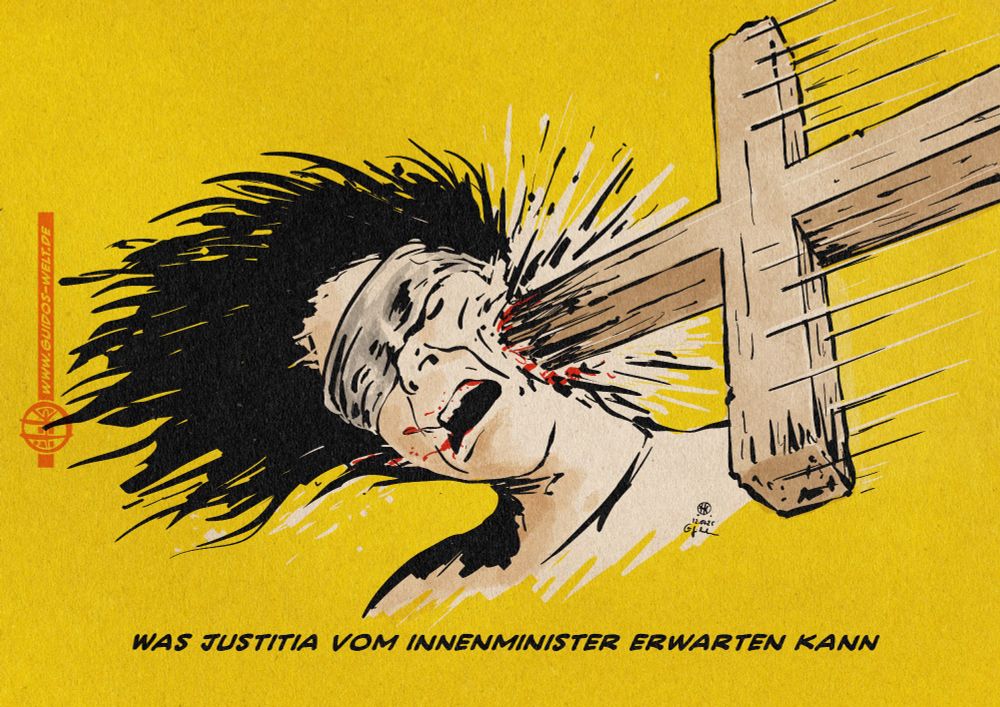 Illustration einer Justitia die mit Wucht im Gesicht voll von einem Christenkreuz getroffen wird, so dass ihr Kopf zur Seite fliegt. Textzeile: Was Justitia vom Innenminister erwarten kann.
