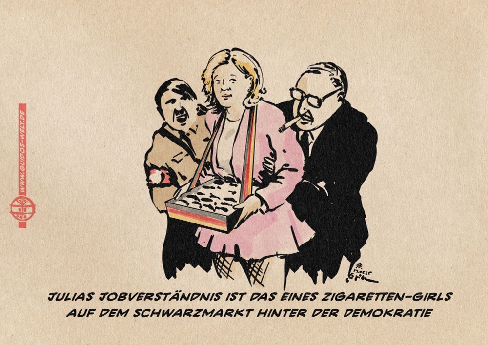 Illustration von Julia Klöckner als Zigaretten-Girl zufriefieden zwischen einem lachenden Nazi und einem grabschenden Bonzen. Textzeile: Julias Jobverständnis its das eines Zigaretten-Girls auf dem Schwarzmarkt hinter der Demokratie.