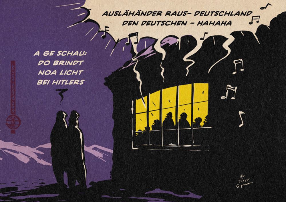 Illustration zweier Menschen nachs im Widerschein eines Kneipenfensters hinter dem Menschen singen. Sie singen Den Gassenhauer Ausländer raus, Deutschland den Deutschenn und lachen. Der eine der Beobachter sagt auf bayerisch: A ge schau: Do brindt noa Licht bei Hitlers. 