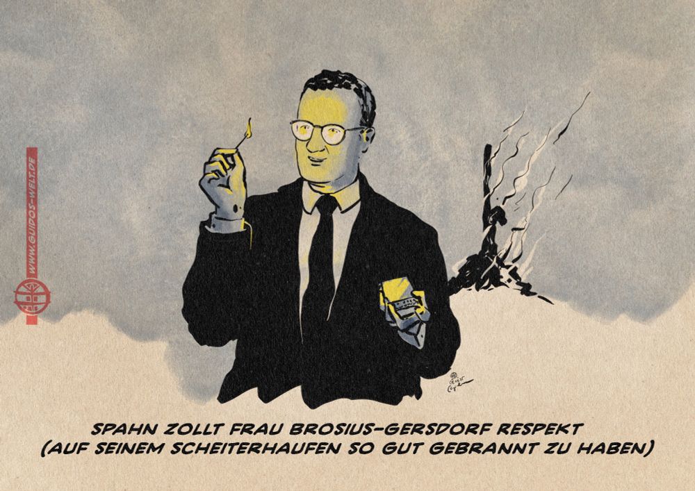 Illustration von Jens Spahn der vor Nachthimmel fasziniert in die Flamme eines Streichholzes blickt. Hinter ihm ein schwelender, abgebrannter Scheiterhaufen. Textzeile: Spahn zollt Frau Brosius-Gersdorf Respekt (Auf seinem Scheiterhaufen so gut gebrannt zu haben)