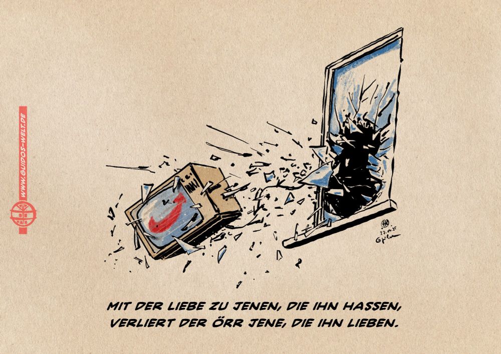 Illustration Ein Fernseher, der als Programm das AfD Logo zeigt, fliegt im Solitterregen durch das geschlossene Fenster. Textzeile: Mit der Liebe zu jenen, die ihn hassen, verliert der ÖRR die, die ihn lieben.