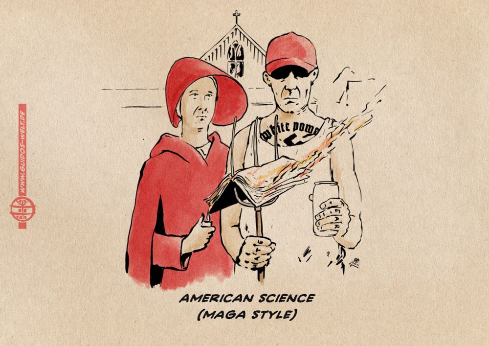 Illustration Bildzitat von Ed Woods American Gothic. Hier dargestellt als Paar aus Frau im roten Handmaids Tale Kostüm und white-power-hakenkreuz-tatoowiertem Trailertrash Land-Nazi im schmierigen Unterhemd mit Maga Kappe. Er hält in der einen Hand auf der Mistgabel ein aufgespießtes Buch, welches sie anzündet und in der anderen ein Bier. 