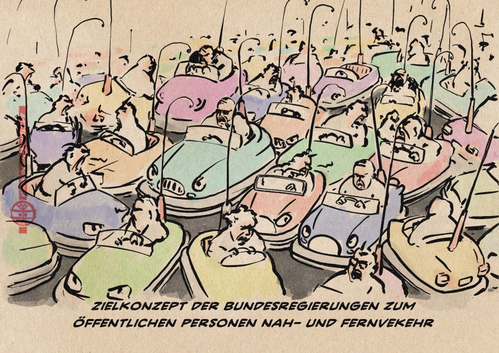 Illustration eines wilden Verkehrsstaus von wütenden, sich anschreienden Menschen in Jahrmarkts-Autoscootern. textzeile: Zielkonzept der Bundesregierung zum öffentlichen Personen Nah- und Fernverkehr