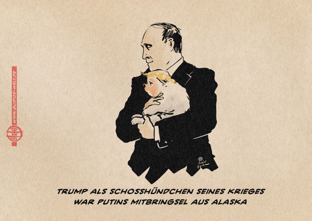Illustration von Putin, der Trump als Schoßhündchen am Hals kraulend auf dem Arm trägt. Textzeile: Trump als Schoßhündchen seines Krieges war Putins Mitbringsel aus Alaska