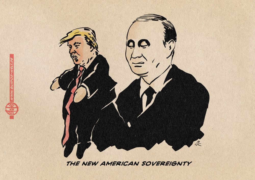 Illustration of Trump as a puppet maneuvered by Putin. Textline: The new American sovereignty