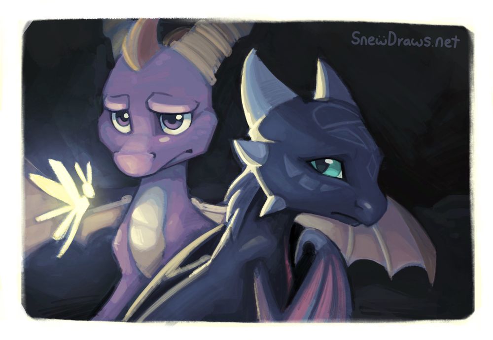 A painting of Spyro and Cynder from The Legend of Spyro The Eternal Night. They standing close together in a dark cave, with a solemn expression. Sparks, an illuminated dragonfly, is providing them light.