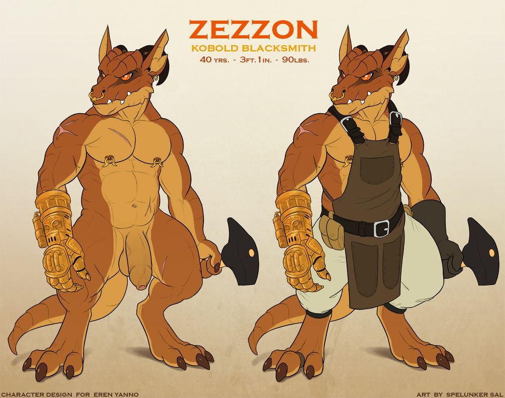 Kobold blacksmith reference with clothing and nude verison