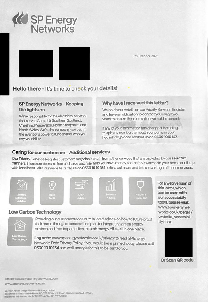 Letter from SP Energy Networks which encourages customer to update their contact information on the Priority Service Register.  