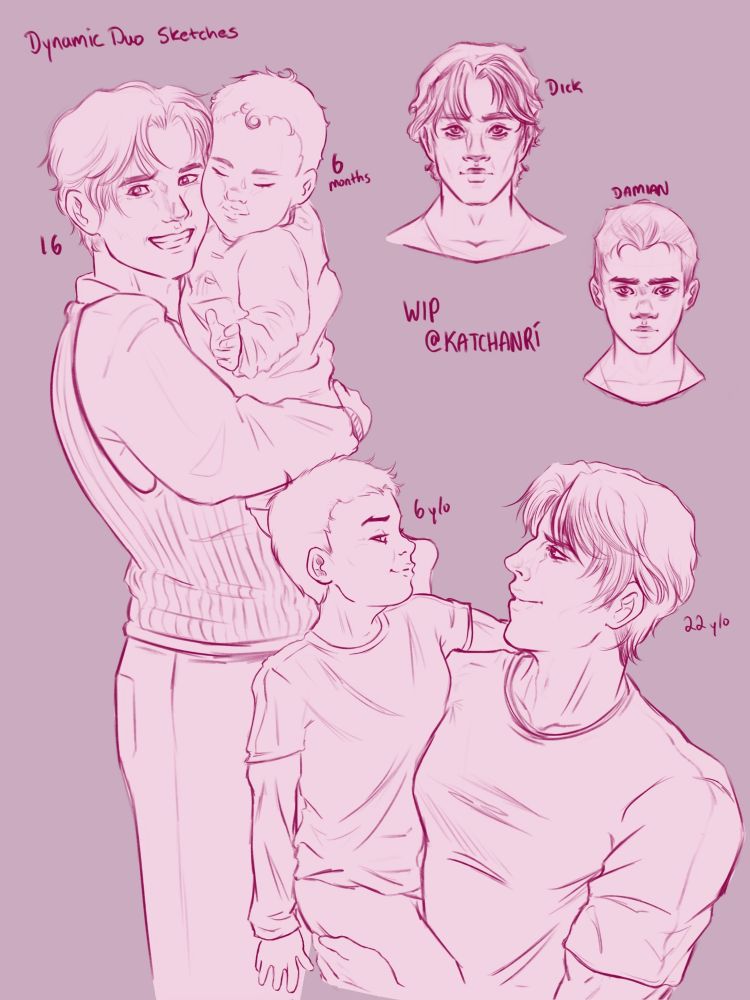 3 doodles of Damian Wayne and Dick Grayson. The one on the left is Dick at 16 holding a 6 month old smiling damian. The second near the bottom is an older version with them grinning at eachother and the top right corner has some doodles of their faces!
