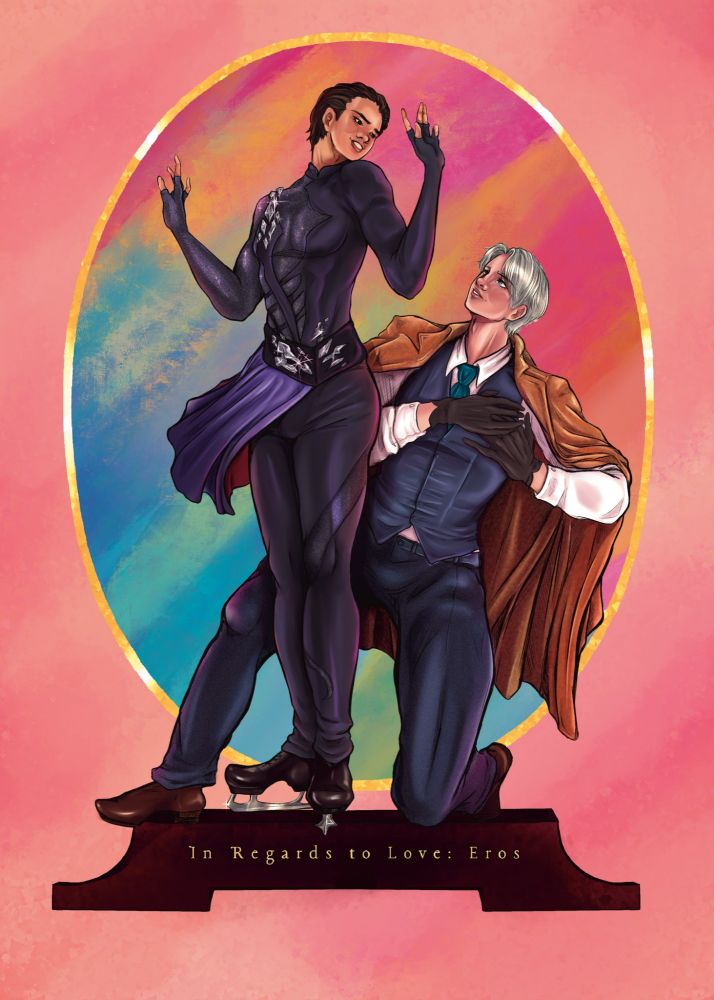 J.C leyendecker repaint of Yuri On Ice characters, one in an ice skating costume and another man devoted to him. 