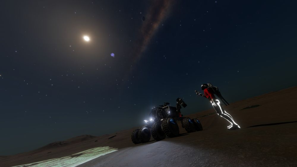 A guy in his pjs standing on the surface of a distant planet, looking up at the Bubble nebula. 