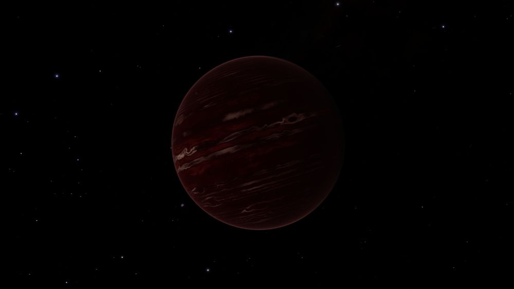 A large gas giant that is a deep red color.  Could be Hell? Probably Hell.