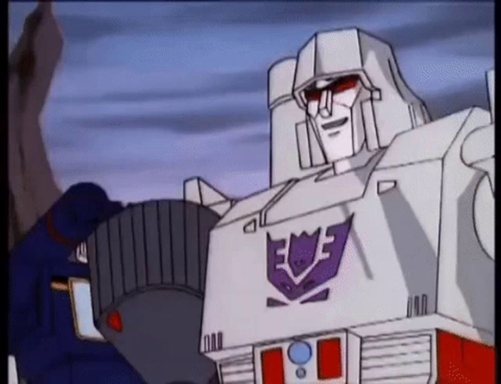 a cartoon of a robot with a purple and red logo on it .