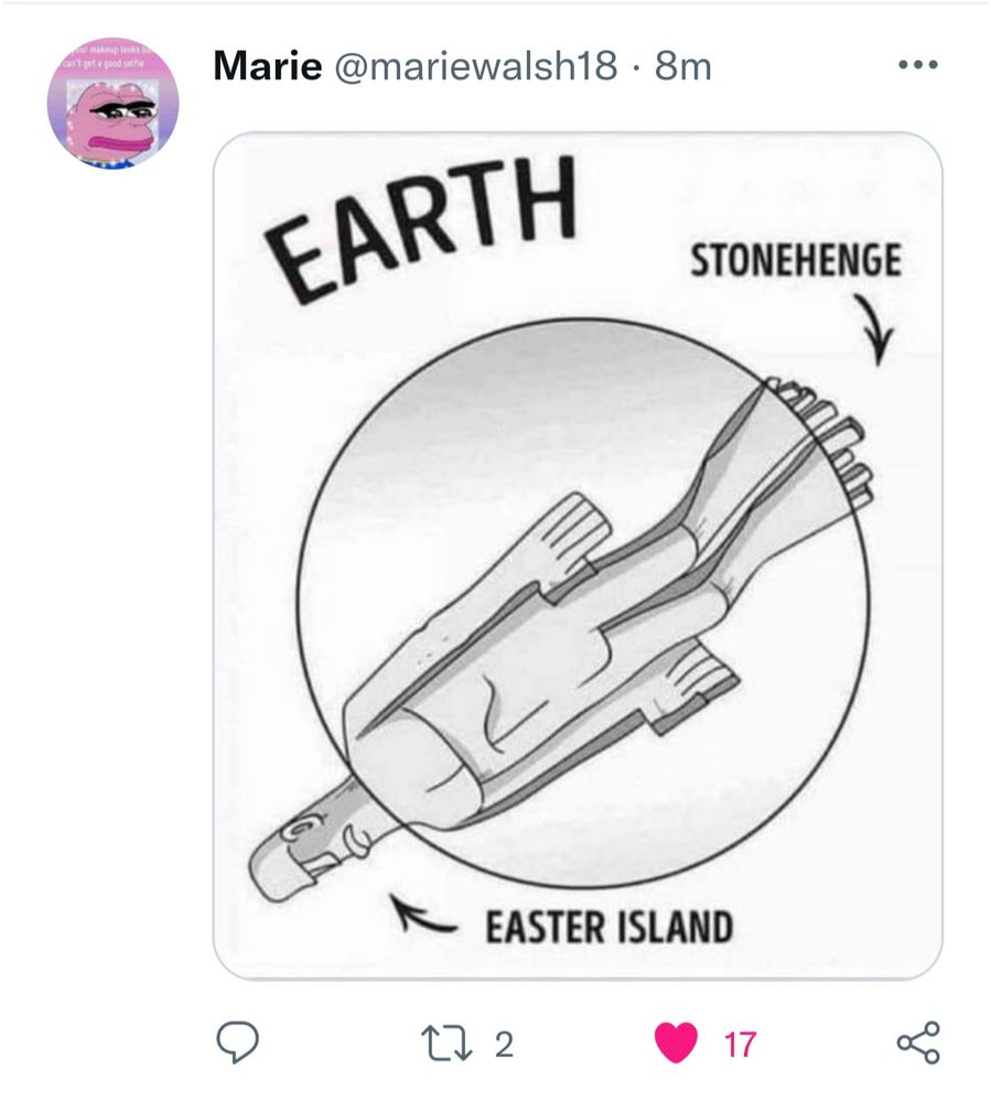 Picture showing cross section of Earth. There is an Easter Island Statue of large head protruding from southern hemisphere. Stonehenge is located directly opposite, which gives the appearance of toes belonging to the Easter Island head.
