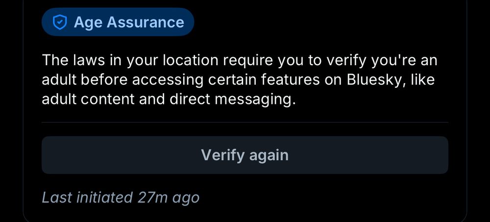 A screenshot of the Bluesky app settings, showing I’ve been age verified.