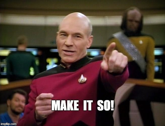 Captain Jean-Luc Picard from Star Trek: The Next Generation is pointing forward with determination on the bridge of the starship Enterprise. The text overlay reads, “MAKE IT SO!” referencing his iconic command.