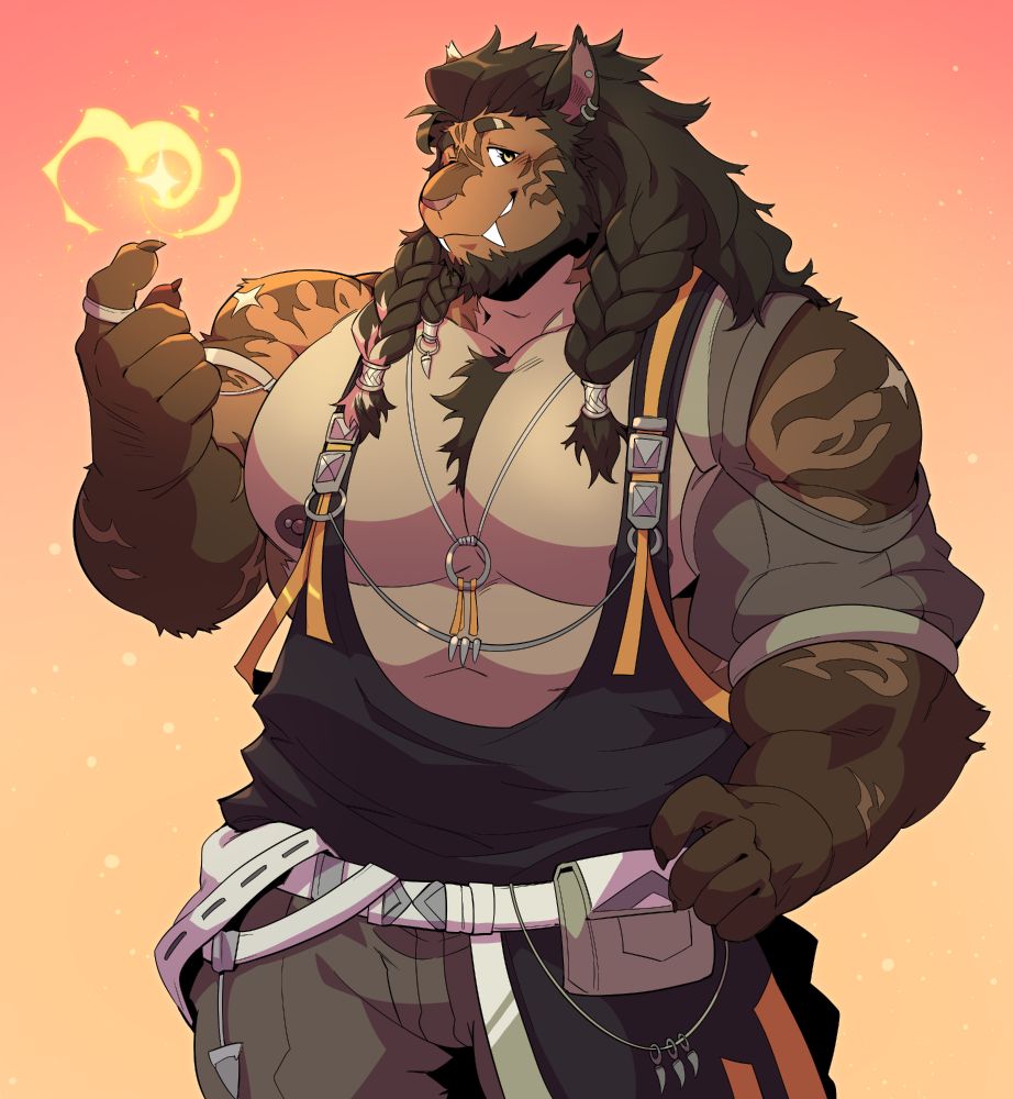 Leo, a striped anthro lion with braided hair, posing with a floating flame. By KokuKokuBoo