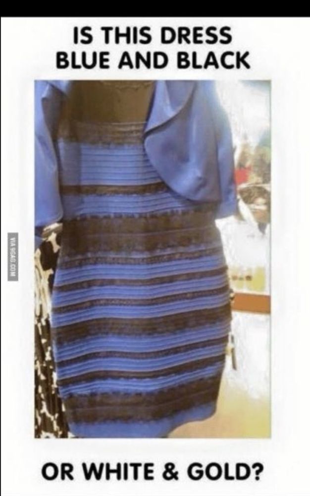 A meme from 2000s of the famous white and gold versus blue and black dress. The text says is this dress blue and black or white and gold. 