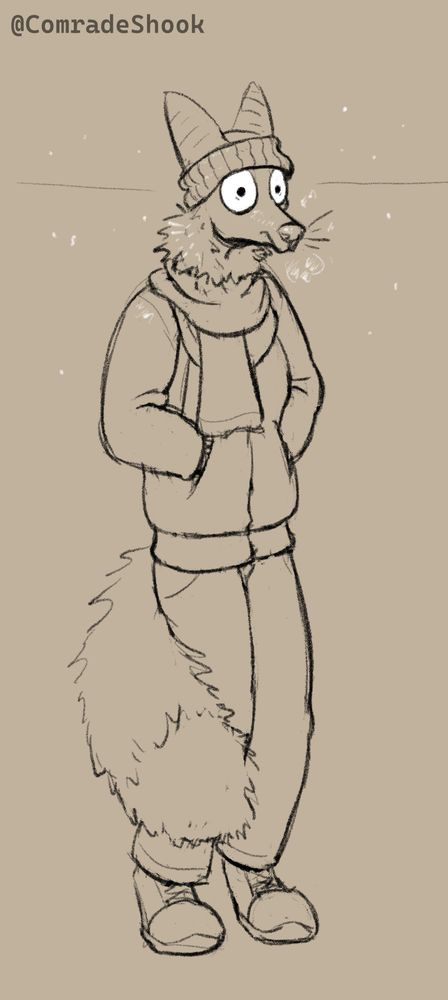 A digital drawing of an anthro fox clad in thick winter clothing, still appearing to be cold despite it and his prodigious fluff.