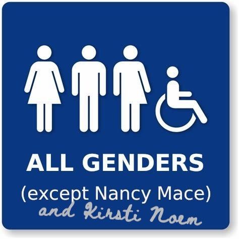 All-gender bathroom sign with three persons and a wheelchair. At the bottom is the text 'ALL GENDERS', and below is '(except Nancy Mace)'. Below is the text 'and Kirsti Nome!' in another font, slightly slanted and in a darker colour.
