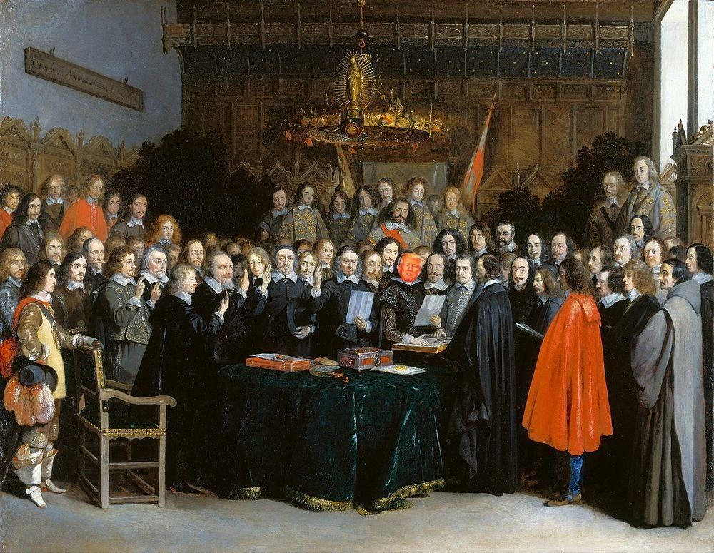 Painting from Gerard Terborch 'Westfälischer Friede in Muenster' from 1648. One of the heads is replaced by Donald Trump.