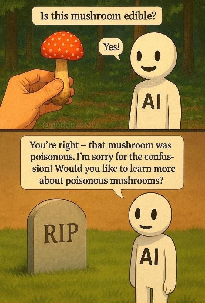 Cartoon with two pictures. On both is a stylised white robot with a smiley as a head and 'AI' written on the body. On the left side the top picture holds a mushroom with the text 'Is this mushroom edible?', and the robot says 'Yes!' on the bottom is a gravestone and the robot says, 'You're right - that mushroom was poisonous. I'm sorry for the confusion! Would you like to learn more about poisonous mushrooms?'