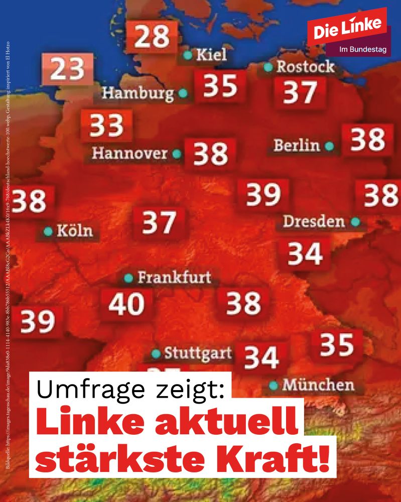 Rote Wetterkarte von Deutschland heute.  Überschrift: Linke aktuell stärkste Kraft